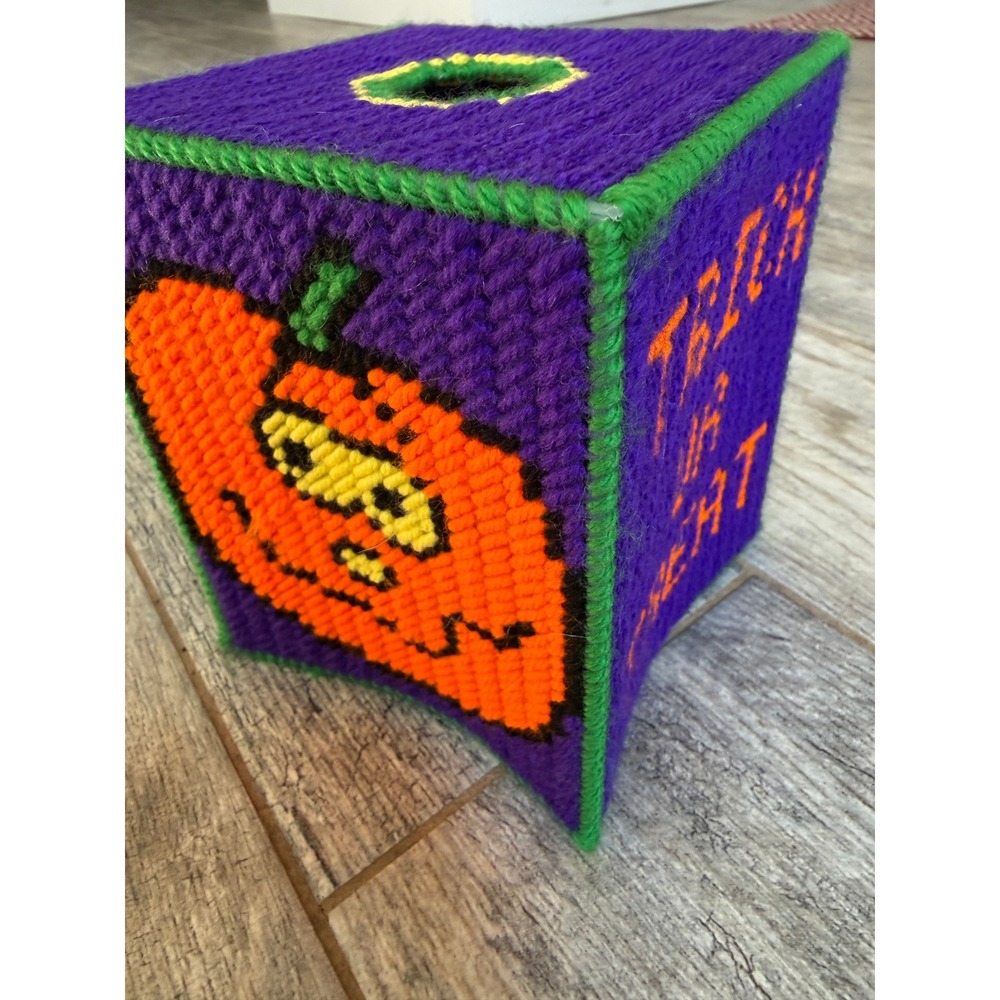 Tissue Box Cover Plastic Canvas Halloween Pumpkin Trick or Treat Handmade Decor